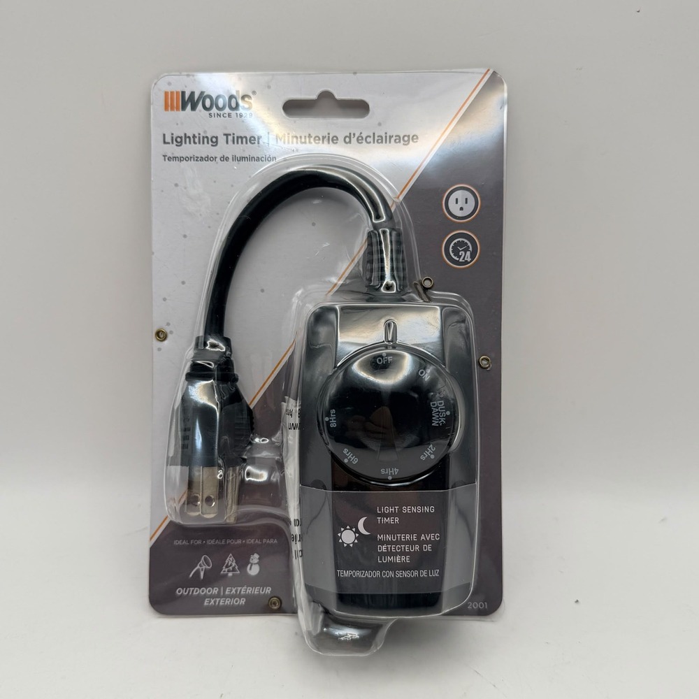 Woods Outdoor Lighting Timer Black Light Sensing Dusk to Dawn 6in Cord New